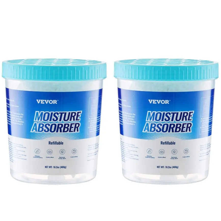 VEVOR Moisture Absorber Bucket, 2 Packs 16.2 oz Hi-Capacity Moisture Absorber Bucket with 800ml Storage Area Reusable Outer Bucket for Long-Term Use, Fragrance Free Moisture Absorber for Fresher Air