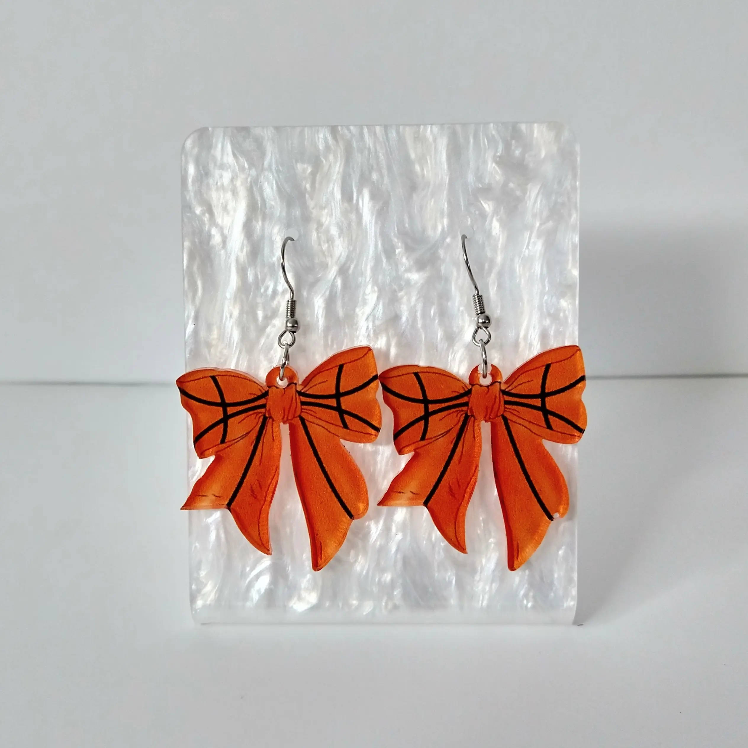 #345 Bow with Baseball, Football, or Basketball Design Earrings, Sports, Athlete, Casual, Acrylic, Game Day
