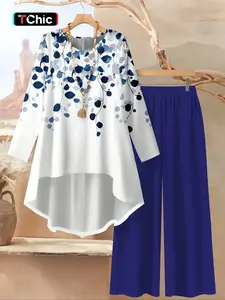 Women's printed irregular long-sleeved top and elastic waist wide-leg pants two-piece set, suitable for seaside vacations, casual outings, lazy time, holidays, home, comfortable daily wear