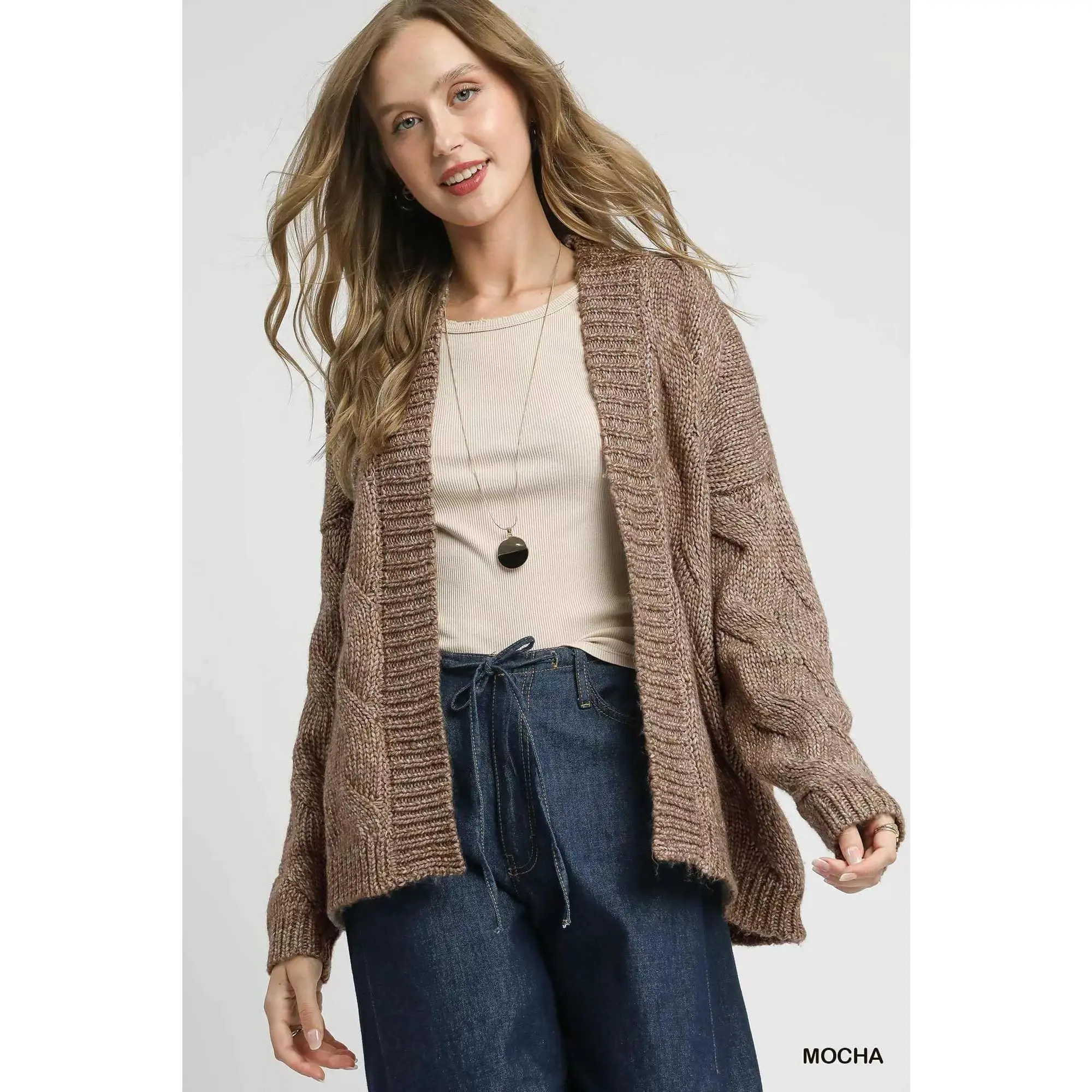 Umgee Chunky Cable Knit Open Front Cardigan
