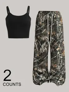 Two-Piece Set Women's Camo Print Fitted Crop Tank Top & Wide Leg Pants Set, Casual Sleeveless Top & Trousers for Daily Wear, Ladies Summer Clothes, Pajama