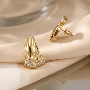 Vintage Embossed Prayer Hands Zircon Studs, Faith Symbol Sparkling Rhinestone Religious Ear Jewelry