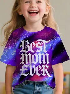 Best Mom Ever Girls' T-Shirt, 3D Letter Print, Comfortable Loose Fit, Casual Daily Wear, Parent-Child Style, All over Print Design