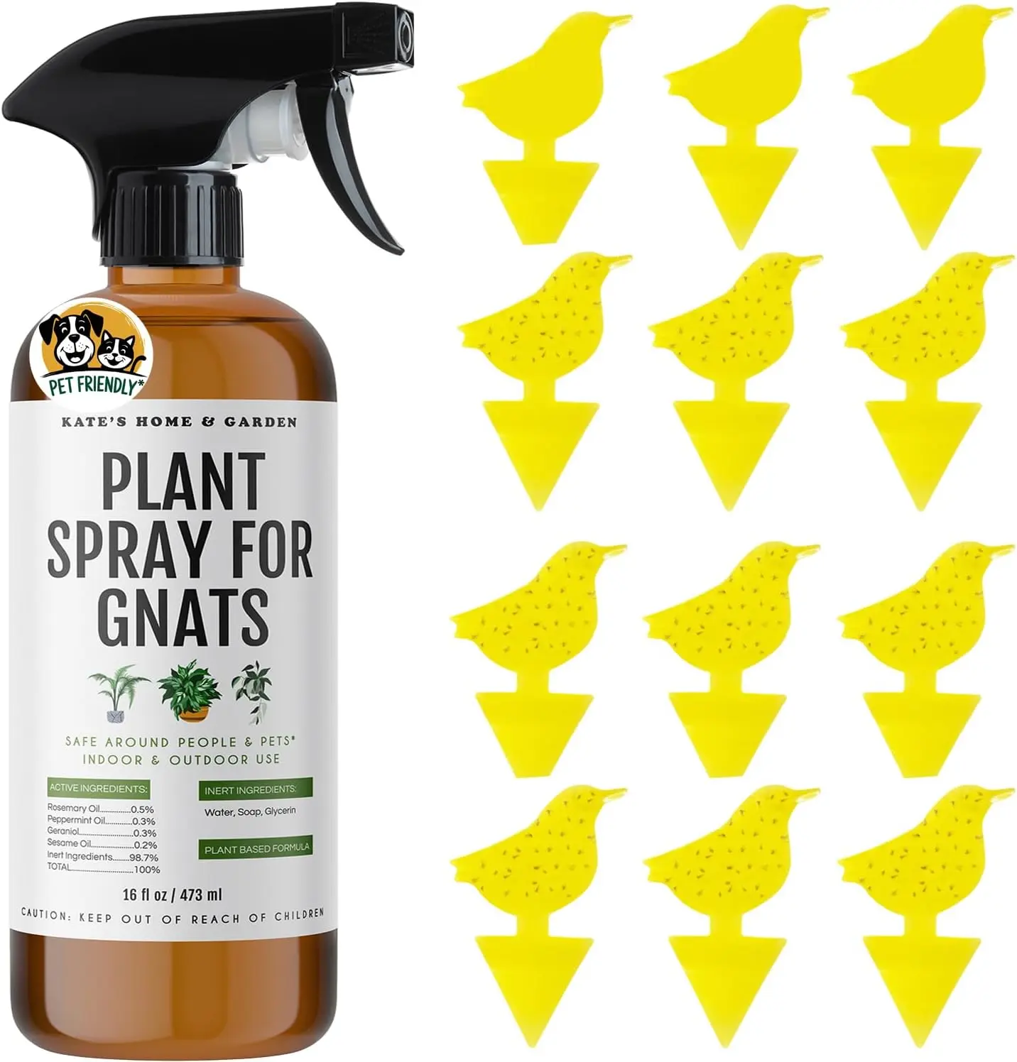 Kate's Home & Garden Pet-Safe Non-Toxic Plant Spray - 16 fl oz Natural Plant-Based Peppermint & Rosemary Oil Formula, Biodegradable Bug Repellent for Indoor Use, Includes 12 Sticky Traps for Families