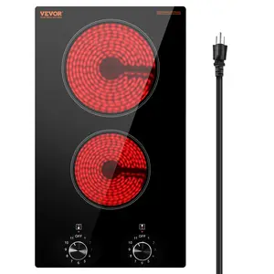 VEVOR Electric Cooktop,  12 inch 2 Burners Built-in Electric Stove Top, 1800W Ceramic Top Radiant Cooktop, with Glass Panel, Knob Control, 11 Heat Levels, 120V, for Diverse Cooking Requirements