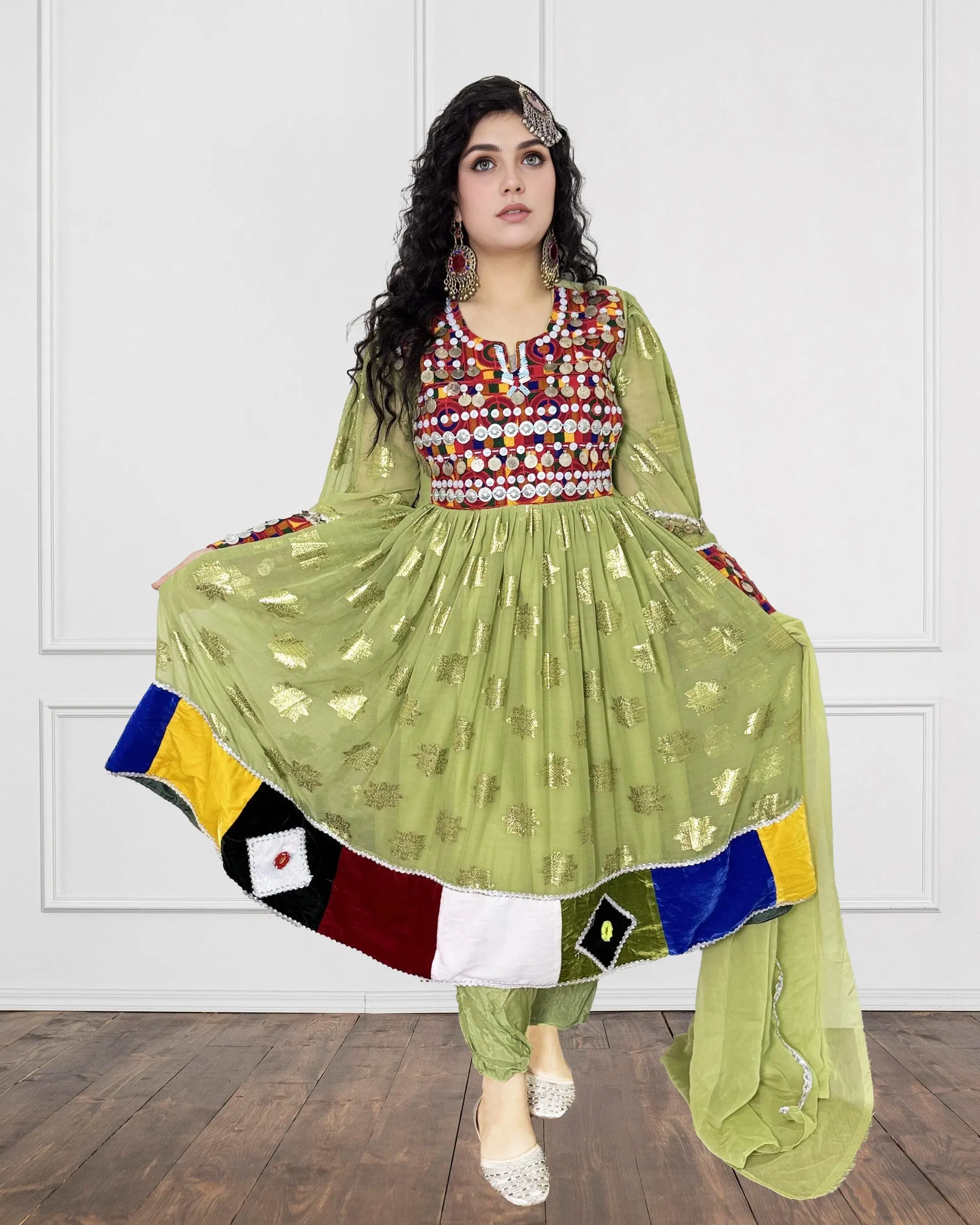 Women's Traditional Afghan Kuchi Casual Dress - Embroidered Patchwork, Shiny Ethnic Fabric, Breathable, with Matching Accents
