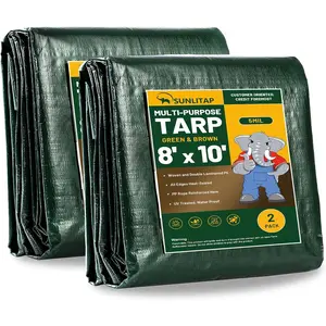 2 Pack 8' x 10' Waterproof Tarps Finished Size Tarp Cover with Grommets Reinforced Edges 5 MIL Multipurpose Light Duty Tarpaulin for Car Camping Boat Roof Protective Cover Green