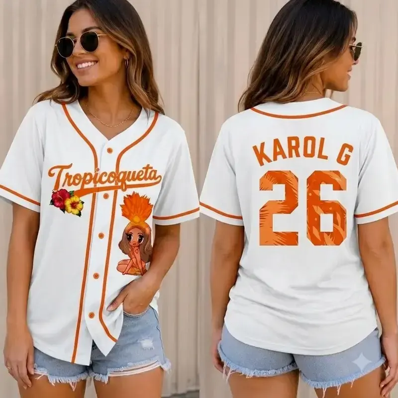 Unisex K-Karol Tropicoqueta Baseball Jersey, Viajando Por El Mundo Button Down Jersey, Orange Black Beige Graphic Baseball Shirt, Latin Music Fan Apparel