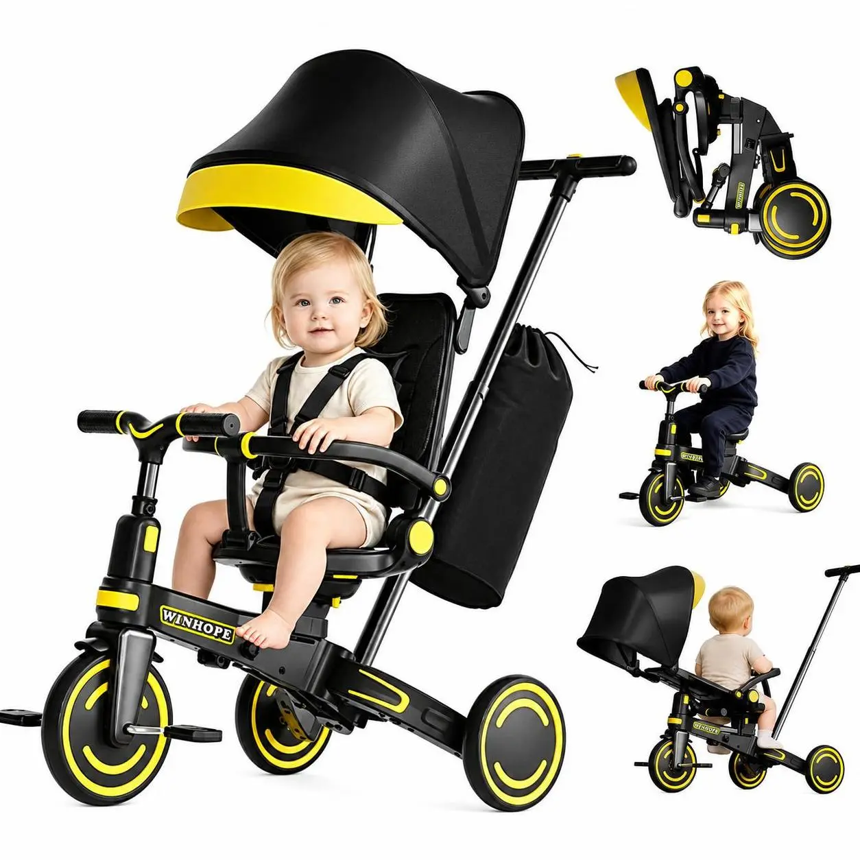WinHope 9-in-1 Toddler Tricycle Stroller, 360° Rotating Seat, Sun Canopy & Parent Push Handle, 5-Point Safety Harness Kids Ride-On Toy for Ages 1–6