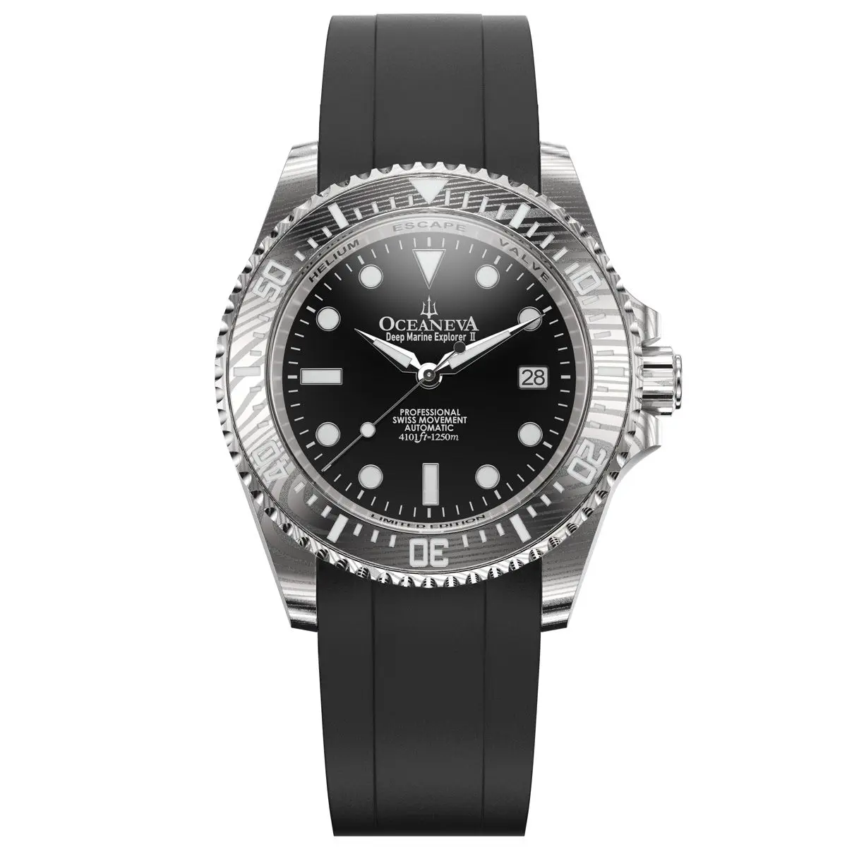 Oceaneva Men's Deep Marine Explorer II - 1250M Swiss Dive Watch with Damascus Steel Black Dial & FKM Rubber Band