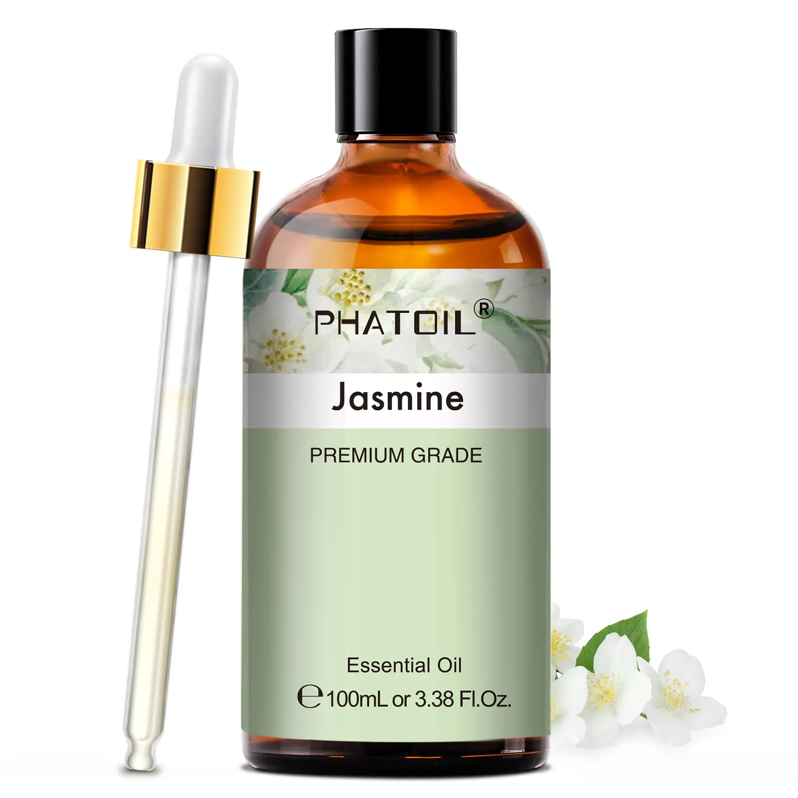 PHATOIL 100ml (3.38fl.oz) Pure Natural Botanical Jasmine Essential Oil - For Diffuser Diffusion, Incense Making, Skincare - Home Fragrance for Air Freshening, Humidifier Aromatherapy, Soap-Candle Crafting (Ultraviolet-Free Formula)