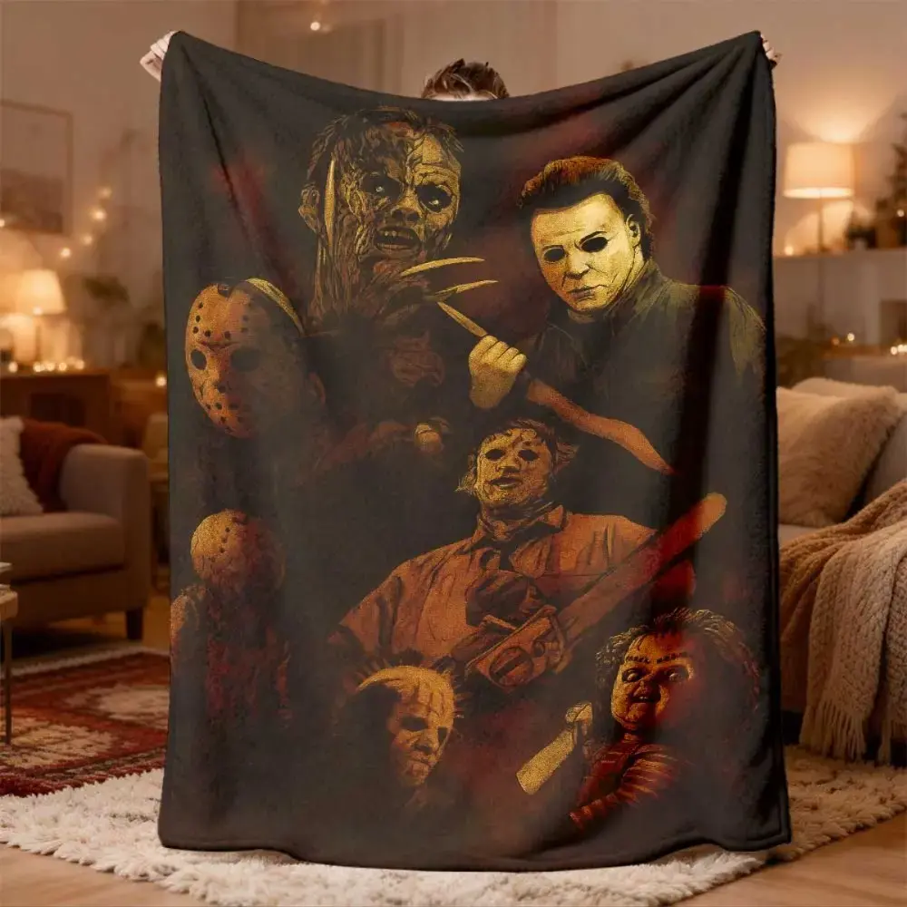 Horror Movie Characters Blanket, Jason Michael Myers Leatherface Throw Blanket, Scary Movie Fleece Blanket, Halloween Gift Soft Warm Flannel Bedding Throw for Couch Bed Movie Night Spooky Room Style