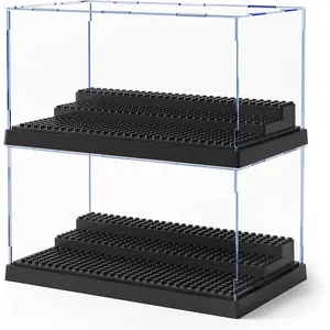 2 Pack Minifigure Display Case for Action Figures Blocks, Clear Dustproof Acrylic Display Box Storage with 3 Movable Steps, Great Gift for Children, Black
