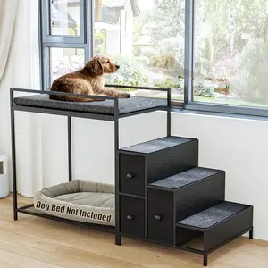 PUKAMI Pet Bunk Bed with Stairs and Storage, Dogs/Cats Window Perch, Bedside Lounge Elevated Dog Bed Multi-Level Platform with Foam Upholstery