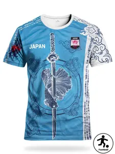 Japanese Special Edition Men's Football Jersey, Samurai Print Round Neck Comfortable Sports Top, Breathable Knit Fabric, Casual Wear, Soccer Jersey
