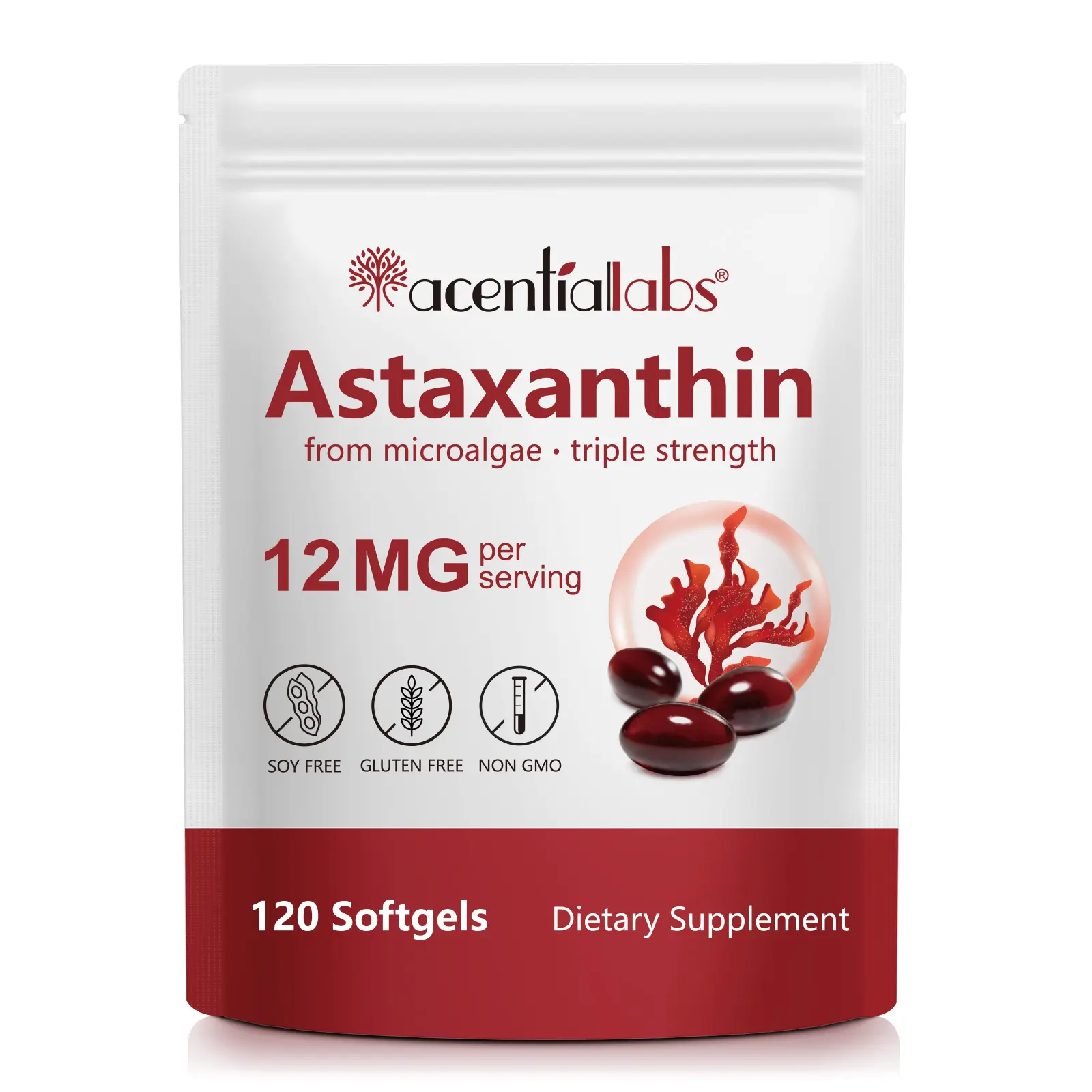 acentiallabs Astaxanthin Vitamin 12mg Edible Dietary Supplement, 120 Easy-to-Swallow Softgels (4-Month Supply), Natural Tanning, Fresh Microalgae Source, Dairy-Free Fitness Support
