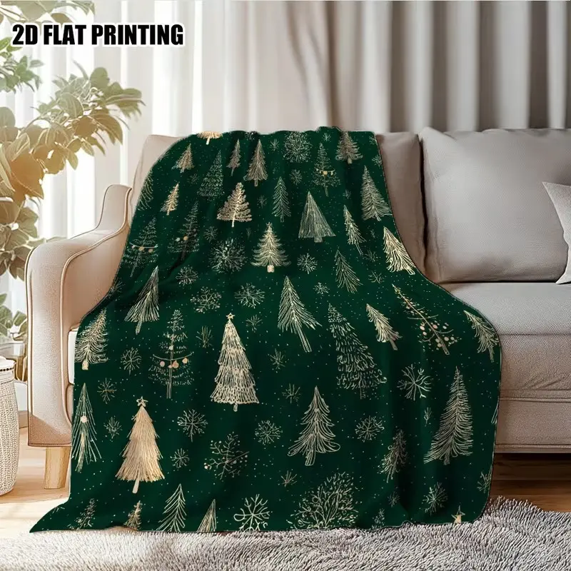 Christmas Trees Throw Blanket  Dark Green  Golden Holiday Decor Twin Size All-Season Couch Bed Camping Office Blanket - Luxury Flannel Sofa Cover for Christmas Gifts  Home Decor Christmas Blanket Festive Gift Item Festive Tree Pattern Durable Comfort