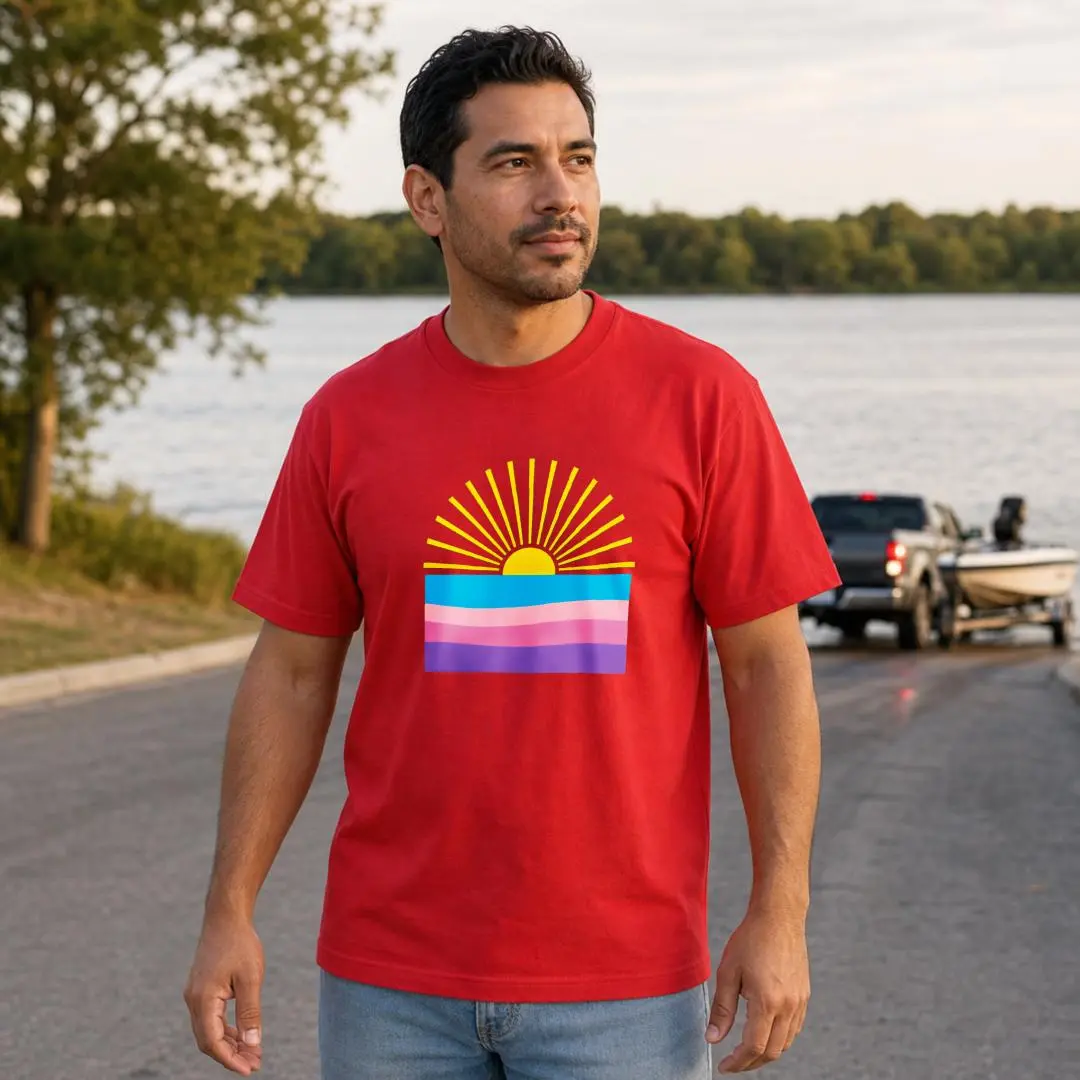 XTAUTO Casual Style, Unisex T-Shirt, Transgender Pride Sunburst Design, Summer Outdoor Lake Scene, Gift For Lgbtq Allies And Friends