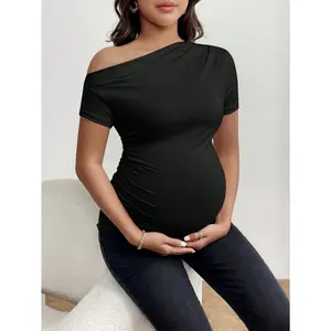 Maternity short-sleeve casual sports black T-shirt for summer, off-the-shoulder shoulder-baring maternity blouse