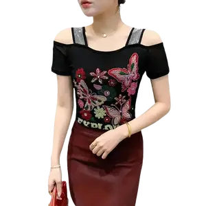 New Summer Heavy Industry Diamond-inlaid Double-layer Ice Mesh Short-sleeved Fashionable Off-shoulder Beautiful Back Shirt For Women  Blouse Casual Womenswear Shortsleeve Polyester Top