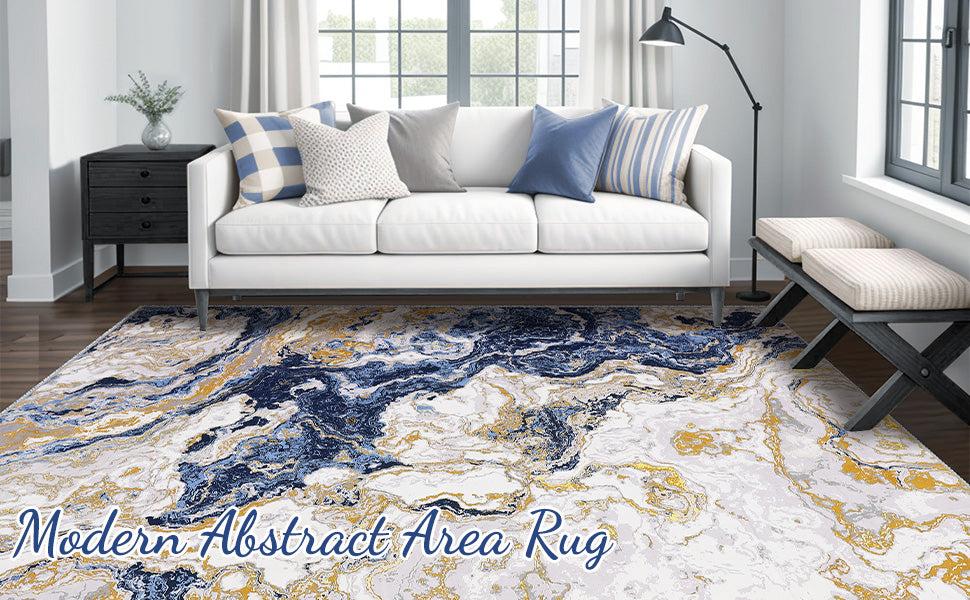 GARVEE Abstract Marble Rugs: Modern, Washable, Non-Slip Area Rugs in Various Sizes (5'x7', 6'x9', 8'x10', 9'x12') for Living Room, Bedroom, Kitchen, and Dining. Ideal for High Traffic Areas, Available in Blue and Grey.