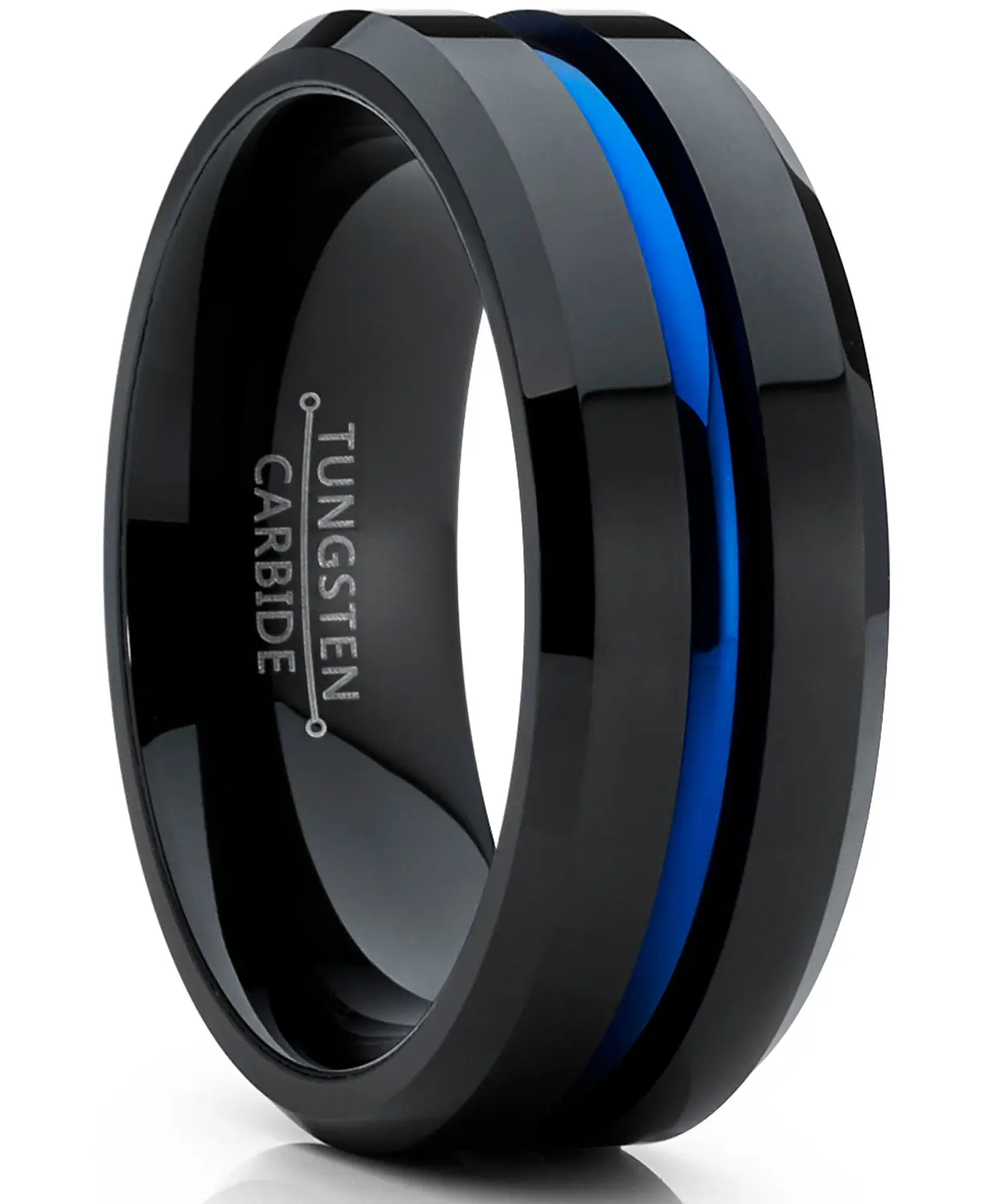 Men's Modern Hypoallergenic Scratch-Proof Tungsten Carbide Black and Blue Plated Finish Wedding Ring, 8mm Grooved Center Comfort Fit Engagement Ring