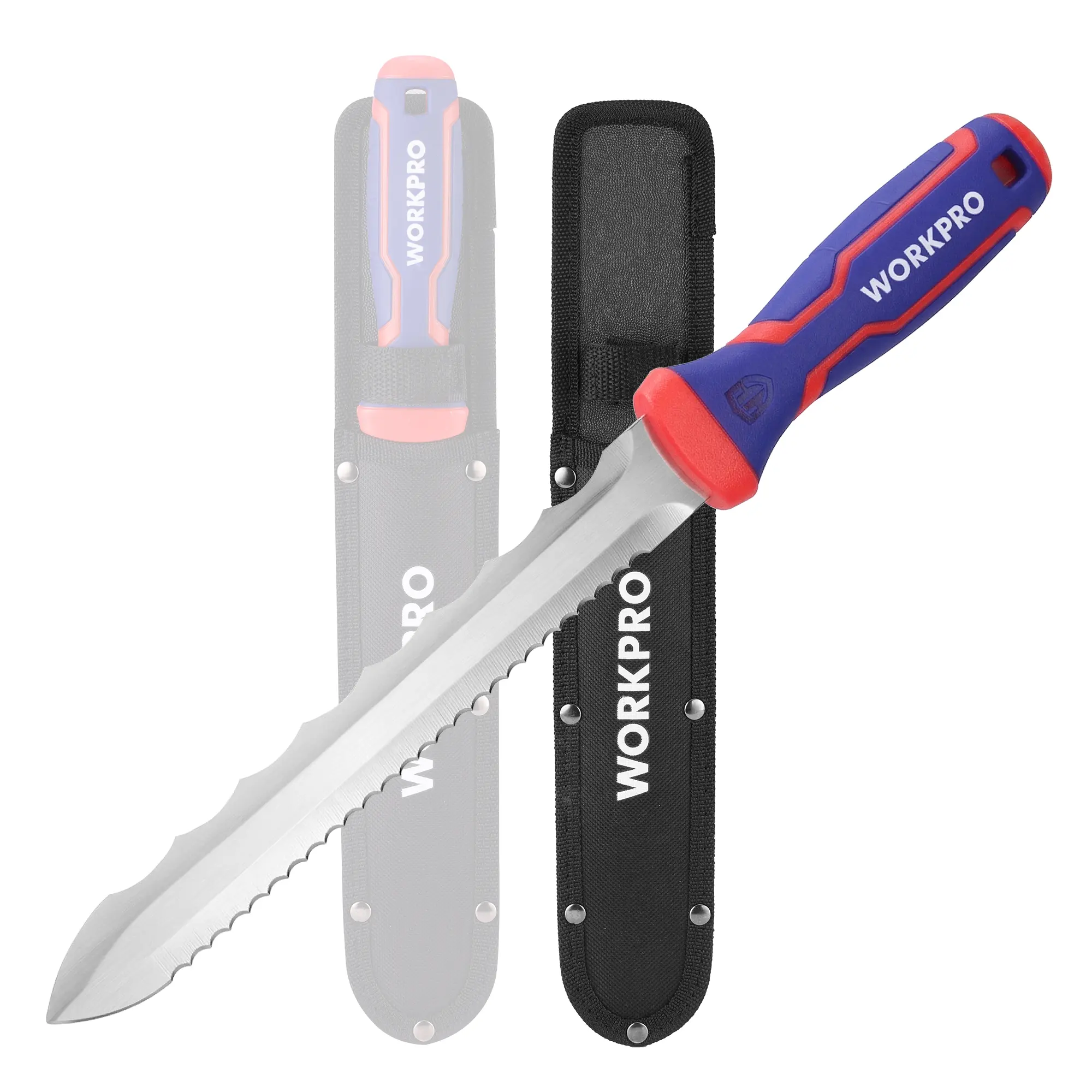 WORKPRO Insulation Knife with Sheath, Stainless Steel Blade Insulation Cutter, Double Side Serrated Sharp Duct Knife for Cutting Heat Material Foam, RockWool, Styrofoam, Sod Cutter Garden Knife for Lawn Repair