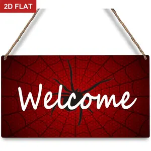 Red Spider Web Welcome Sign Home Front Door Sign Deorative Wooden Hanging Sign for Men Teen Boys Bedroom Bathroom Window Decor Home Decor Products Yard Sign 11.8x5.9 In