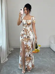 Women's Summer Short Sleeve Dress, Digital Print Vacation Dress, Split Hem Beach Holiday Long Dress, Waist Cinch New Arrival, Floral Evening Gown, Elegant, Formal