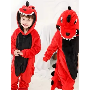 Cozy Youngsters' Dinosaur Plush Hooded Pajamas - Long Sleeve, Flame-Resistant Sleepwear for Boys & Girls, Perfect for Valentine's, Halloween, Christmas, Autumn & Spring, Home Wear