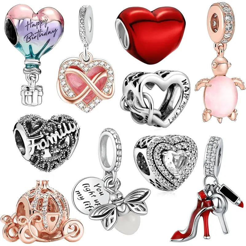 10-Pack Silver Charm Set for Bracelets, CZ Pendant Charms for Women, Tarnish Resistant Jewelry Gift Collection
