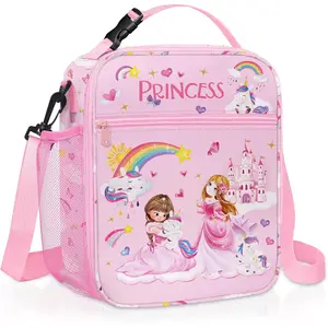 Insulated Girls Lunch Box Pink Unicorn Princess Lunch Bag for Kids Large Portable School Lunch Cooler Bag for Outdoor Picnic