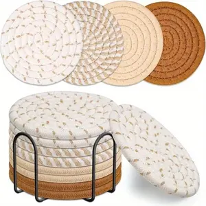Round Coaster with Holder, 8 Counts/set Solid Color Absorbent Coaster, Decorative Cup Mat for Home Kitchen Dining Room, Kitchen Decorative Placemat, Waterproof Coasters