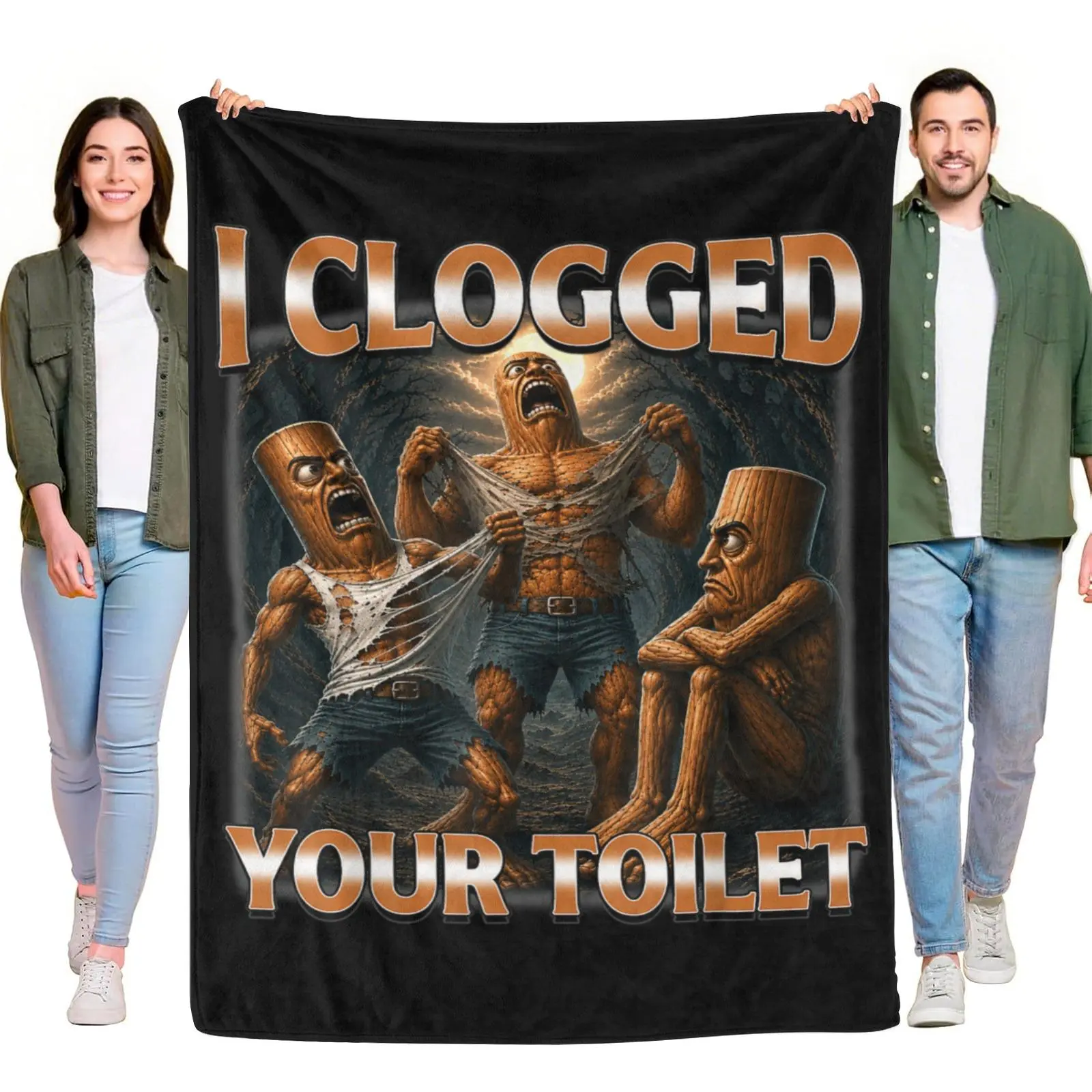 I Clogged Your Toilet Muscular Wooden Man Dark Forest Vintage Bootleg Graphic Throw Blanket, Funny Humor Wood Character Soft Flannel Blanket for Sofa Bedroom Novelty Meme Decor Gift, Throw Blankets, Funny Theme