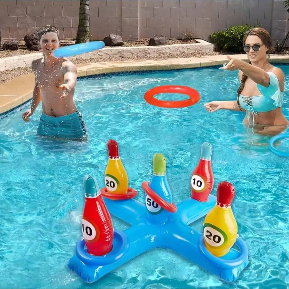6-Piece Inflatable Bowling Game Set, Durable PVC Material, Ideal for Home Parties, Pool Fun & Pool Games, Includes Pump & Water Sports Gear, Pool Inflatables