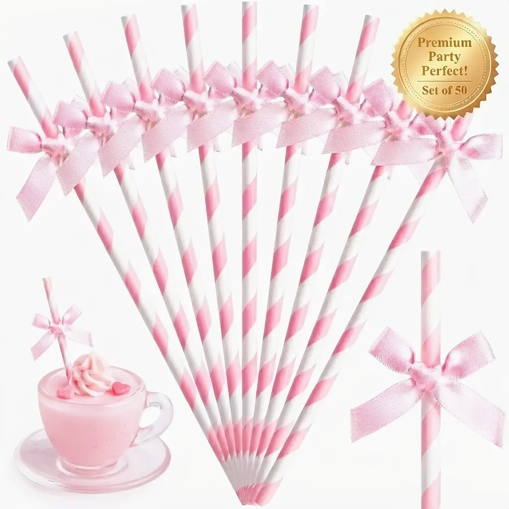 50 Pcs Bow Straws Bulk Disposable Paper Bow Striped Drinking Straws for Graduations Cake Decorations Birthday Bridal Shower Wedding Bachelorette Baby Shower Party Supplies (Pink)