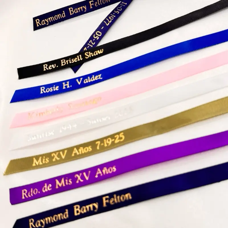 Custom Text Personalized Ribbons - Tail Design, Black/Silver & Blush/Gold Writing, Text Left Side, Non-Folded Office Stationery Decor for Quinceañera Ceremony Gifts