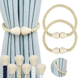 2 Pcs Magnetic Wooden Bead Curtain Tiebacks Hand Woven Rope Holdbacks for Bedroom Living Room Farmhouse Apartment Window Decor-YY