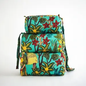 Frida Kahlo Print Cosmetic Bag Set - Vibrant Block Printed Fabrics, Waterproof Lining, 3 Sizes, 4 Interior Pockets, Soft Quilted Cotton, Machine Washable