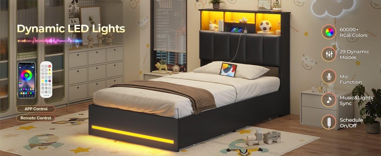 SIKAIC LED Bed Frame - Bedroom Furniture with MDF Board Bookcase Headboard, 4 Storage Drawers, USB Port, Type-C Charging Station, Black LED Light Platform Bed