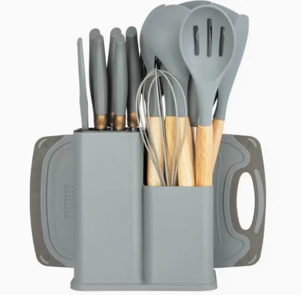 Wood Handle Silicone Kitchen Utensil Set with Storage Holder, Heat Resistant Non-stick Cooking Tools Spatula Ladle Whisk Knife Set