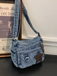Vintage Washed Denim Crossbody Bag for Women, Star Patch Multi-Layer Shoulder Bag, Casual Large Capacity Commute Tote, Y2K Style Canvas Backpack, Denim Shoulder Satchel