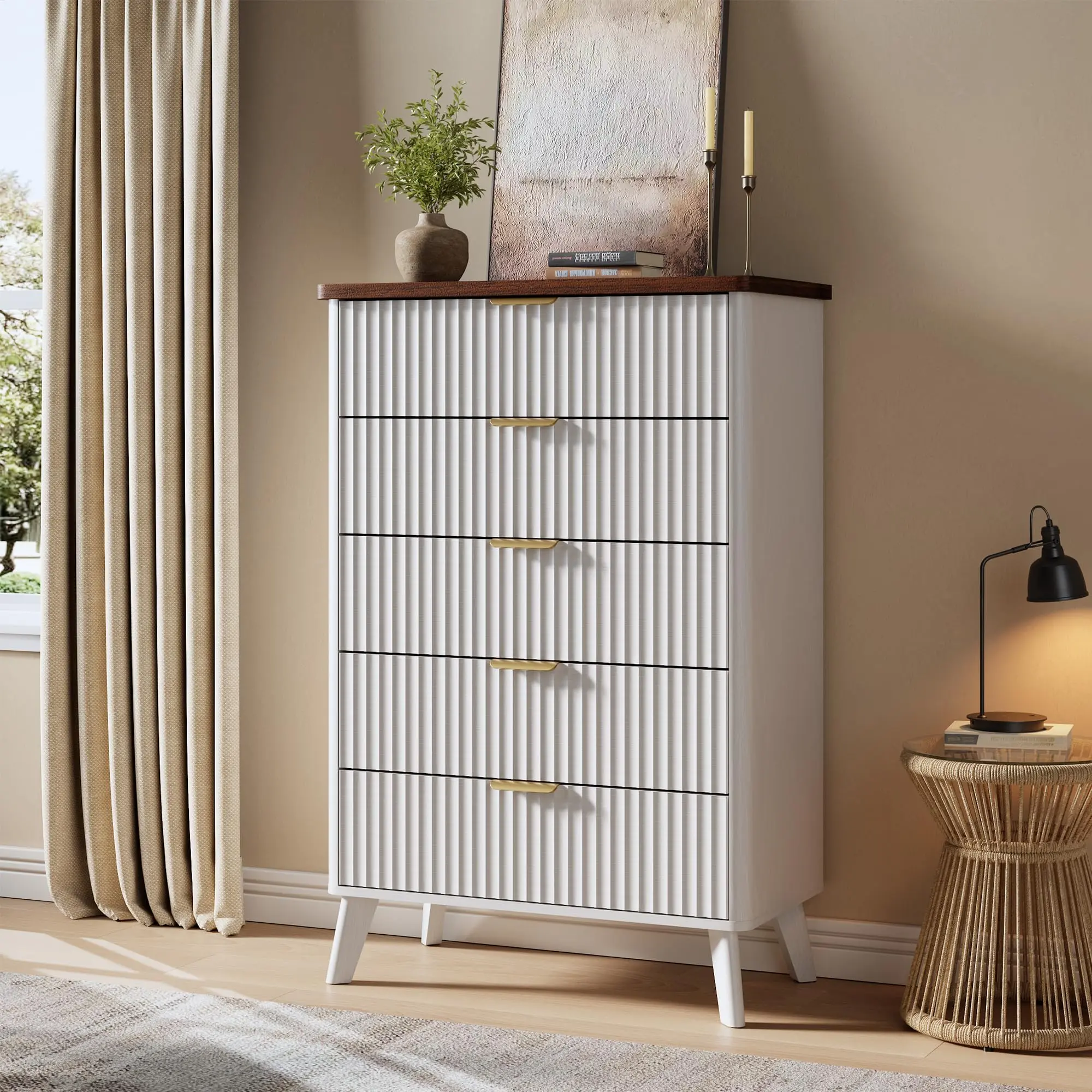 Garvee Fluted Dresser with 5 Deep Drawers, 47.2" Tall Chest of Drawers, Curved Profile, Modern Wooden Design for Bedroom, Living Room, Hallway, White Finish