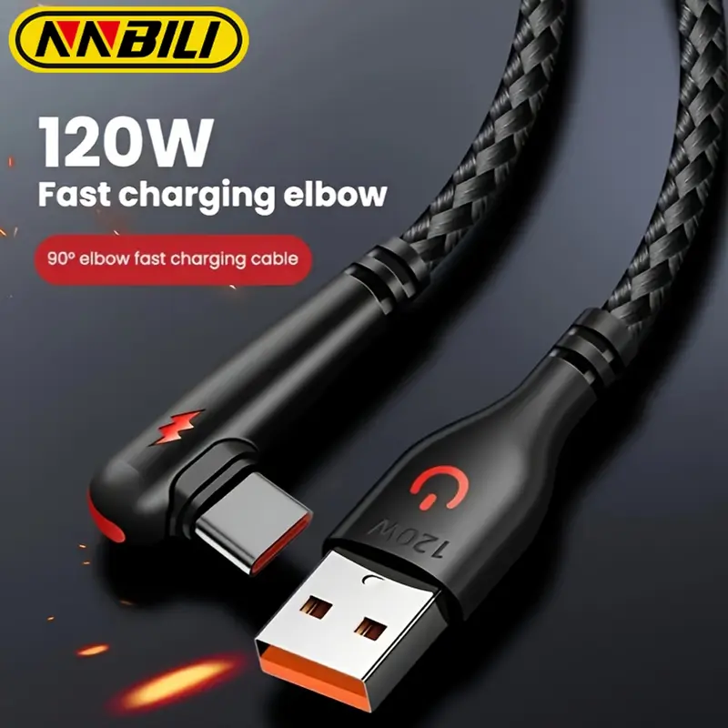 Nnbili 120 W USB Type-C Charging Cable, Nylon-Braided 90-Degree Bend Design, High-Power Output Super Fast Charging USB-C Cable USB C Cord for Huawei and Oppo USB Cables