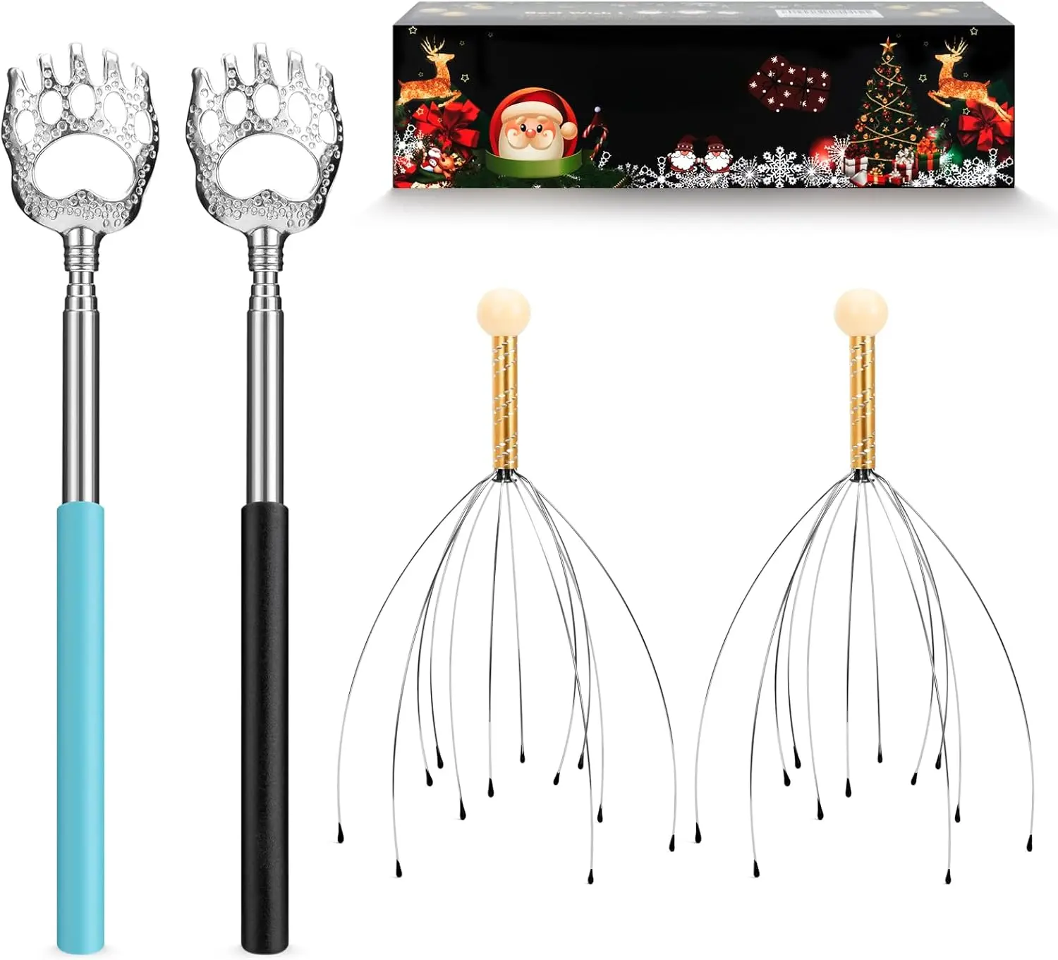 Abs Plastic Body Care Kit - Telescopic Handle Back Scratcher, Handheld Scalp Head Massager (2 Back Scratchers, 2 Head Massagers, Random Colors, Full Body Use, Ideal Gift)