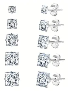 5 Pairs Stainless Steel Cubic Zirconia Stud Earrings, Hypoallergenic Square Design, Ic-Free for Sensitive Skin, Ideal Gift for All Occasions, Ear Studs, Sparkling Zirconia