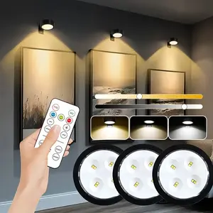 3pcs wall mounted + magnetic smart display light, 3 colors adjustable with timer home decoration puck light, LED under cabinet light, remote control + push lampshade dual control, Modern Mood Lighting, for home and office decor