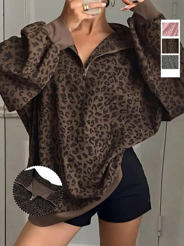 Plus Size Women's Casual Zipper Front Long Sleeve Leopard Print Sweatshirt, Fall Fashion, Comfortable and Stylish Sportswear
