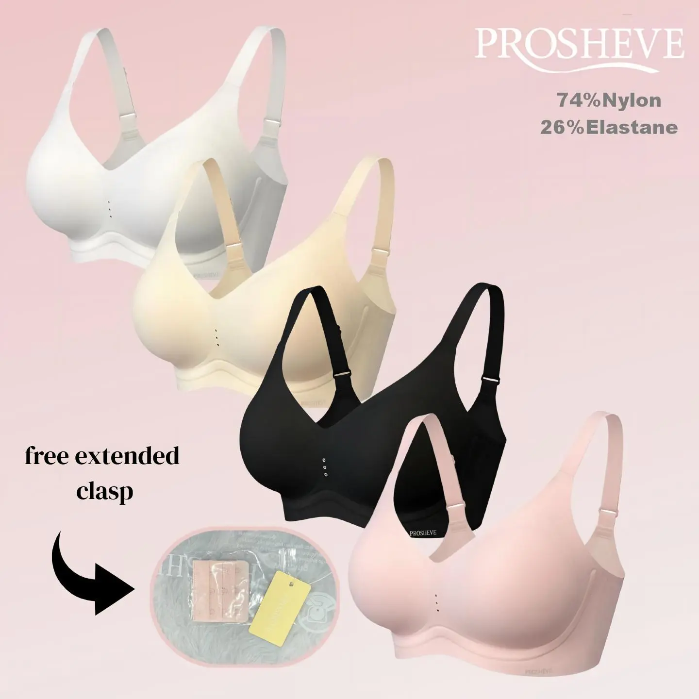 PROSHEVE Women's Seamless Wireless Push-Up T-Shirt Bra - Plain, Smooth V-Neck, U-Back, Strapfit Adjust Straps, Wicks Away Sweat, Lightweight Nylon-Elastane Blend, Breathable Cups, Athletic Lingerie for Workout Daily Wear, Hand Wash