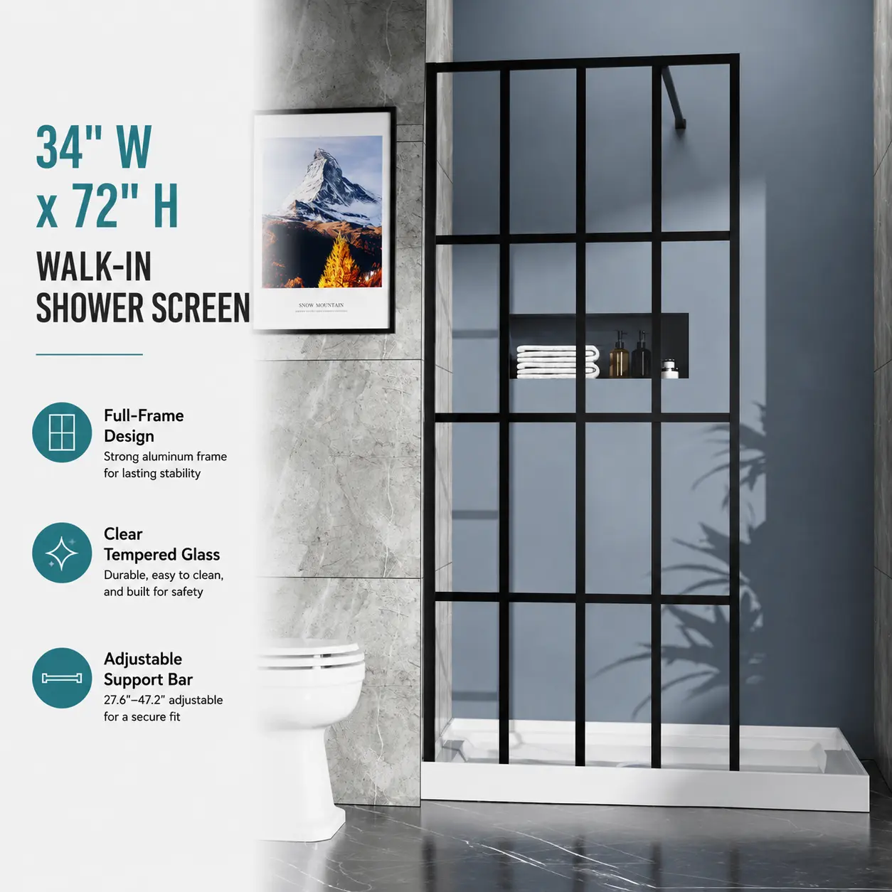 34" W x 72" H Walk-in Shower Screen, Full-Frame Clear Tempered Glass Panel, Matte Black Aluminum Frame with Adjustable Support Bar